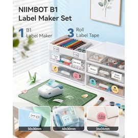 NIIMBOT B1 - Máquina de etiquetas con 3 cintas, 50x30mm Blanco/40x30mm Transparente/34x34mm Redonda, impresora térmica Bluetooth para pequeñas empresa