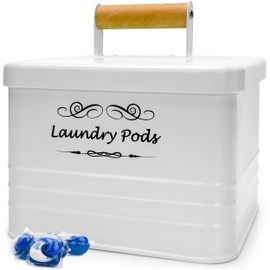 ElitaPro Modern Farmhouse Laundry Pods Container with Lid for Laundry Room Décor & Accessories, Laundry Room Organization (White)