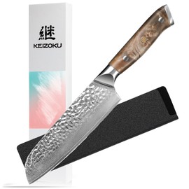 7 In Santoku Knife, Japanese Hammered Damascus Steel, Full Tang Multipurpose Kitchen Knife with G10 Handle, Sheath & Gift Box