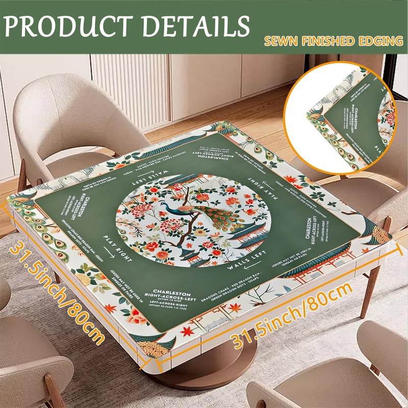 Noise-Reducing Mahjong Mat,31.5"x31.5" Portable Tablecloth for Mahjong,Green Floral and Birds
