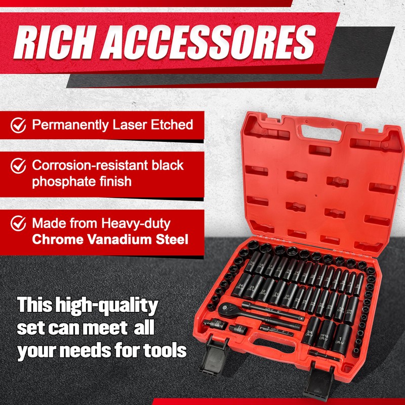 EACELIY 64pcs 3/8" Socket Set,Drive Impact Socket Set, SAE/Metric, Deep