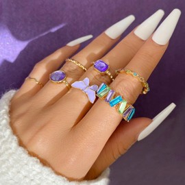 Rrdaily Dainty Stackable Knuckle Crystal Rings Set for Women,Knuckle Purple Butterfly Rings Set Thin Dainty Gold Rings HipHop Jewelry Gift (A)