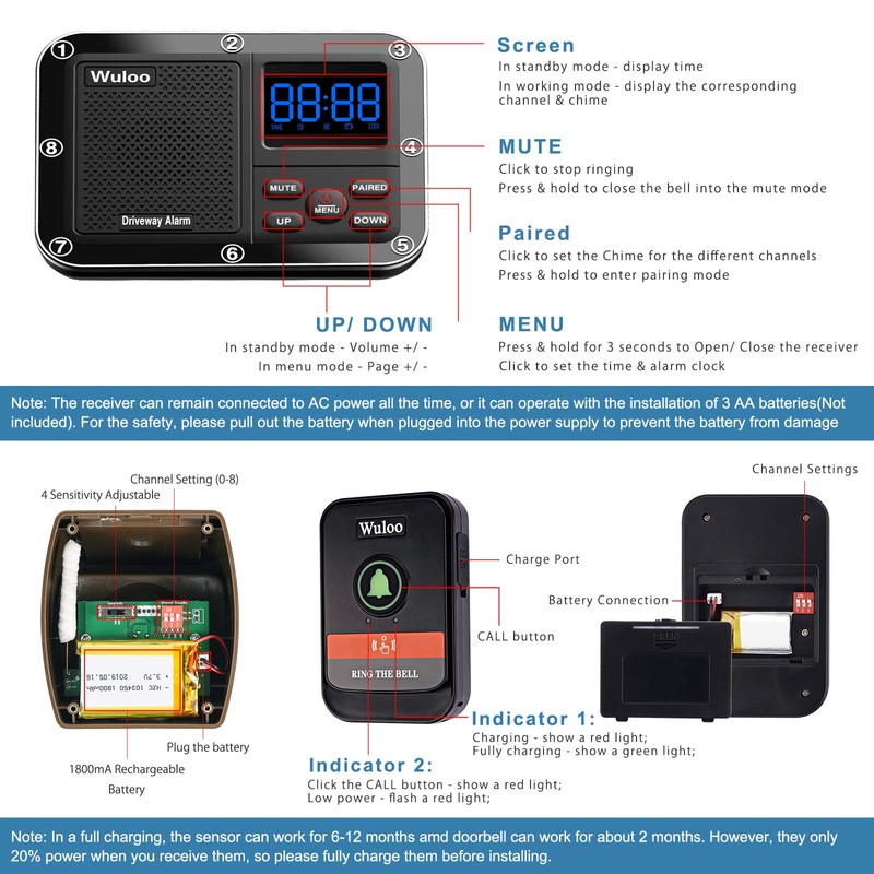 Wuloo Wireless Doorbells for Home, Solar Driveway Alarm, Multifunctional Wireless