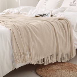 Homiest - Cobija decorativa tejida con flecos, cobija ligera de acrílico, suave y acogedora para sofá, cama, cobija con borlas (beige, 127 x 152 cm)