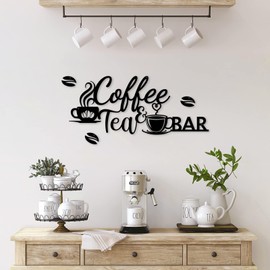 FLOWERHERD Coffee Bar Sign Wall Decorations - Black Metal Coffee Tea Bar Wall Art Decor with Bean for Home Kitchen Office Decorations