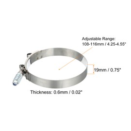 PATIKIL T-Bolt Hose Clamps with Spring, 4 Pack 304 Stainless Steel Adjustable Worm Hose Clamp Working Range 108-116mm(4.25-4.55") for 4" Hose ID