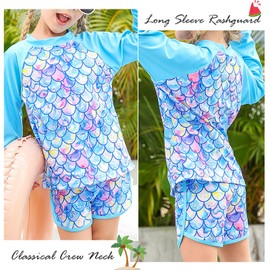 Girls Two Pieces Rash Guard Swimsuit 5t 6t Blue Mermaid Scales Long Sleeve UPF 50+ Bathing Suit Quick Dry Breathable Swimming Sets for Kids Girl Size 6