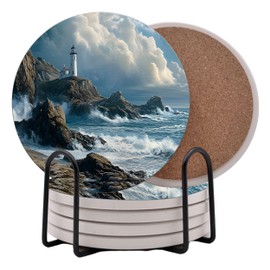 Lighthouse Beach Coastal Shore Round Coasters Set of 6 - Abosrbent Ceramic with Metal Stand for Drinks, Coffee, Non-Slip Cork Back for Tabletop Protection, 4 Inches (Waves)