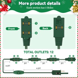 Enhon 1 Pcs 19.7 Ft 12 Outlet Green Christmas Tree Extension Cord with Outlet and Switch, Xmas Tree Lights Extension Cord with Safety Fuse Male Plug for Home Office Christmas Holiday Lights