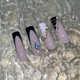 MERVF Long Square Press on Nails Black French Tip Fake Nails Press ons Rhinestones Acrylic Nails with Animal Print Design Luxury Squoval False Nails Glossy 24pcs