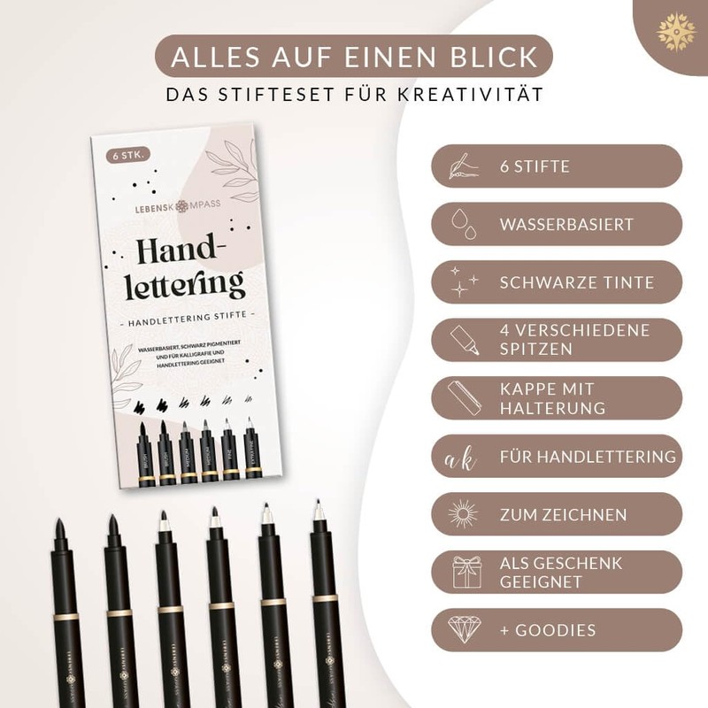 LEBENSKOMPASS Hand Lettering Pens Set of 6 Water-Based Hand Lettering