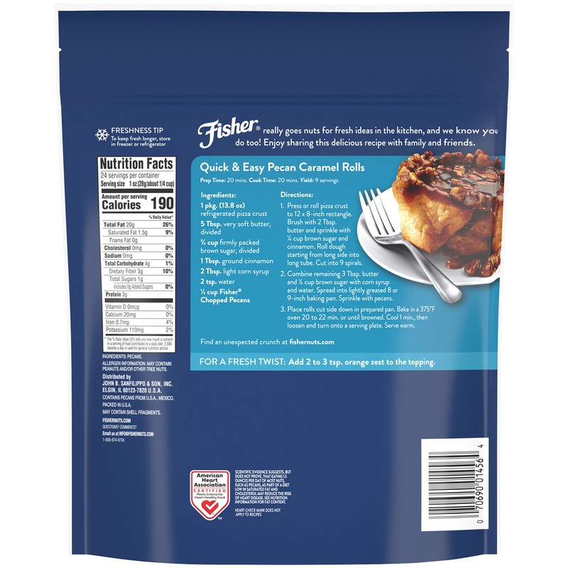 Fisher Chef's Naturals Unsalted Chopped Pecans 24 oz Resealable Bag,