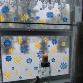 Alwayspon 94Pcs Blue and Gold Snowflake Window Clings Stickers, Double Sided Static Window Decals, Anti-Collision Glass Decals for Home Shop Window Display Christmas Decoration