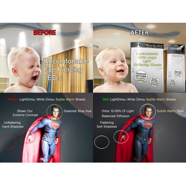 LightDims White Dims Self Adhesive Dimming/Softening Sheets for Harsh LED Lights Medium Size (3 Sheets) Subtle Warm Color & a Free Mystery Gift Sheet (4 Sheets Total). Packaging May Vary