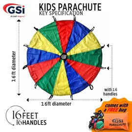 GSi Kids Play Parachute Rainbow Parachute Toy Tent Game for Children Gymnastics Cooperative Play and Outdoor Playground Activities (16 Feet)