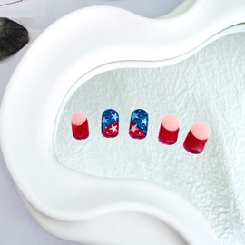 French Tip Press on Nails Independence Day Fake Nails Short square Acrylic False Nails Stars Acrylic Nails Reusable Artificial Nail Press ons Glitter Full Cover Stick on Nails for Women