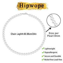 Hipwope HIPVOPE 6/8 mm Pearl Necklace for Men Faux Pearl Necklace Men's Necklaces 16/18/20/22/24 Inch Length Pearl Necklace Choker Necklace White Pearl Necklace Men's Jewellery, Pearl, No Gemstone