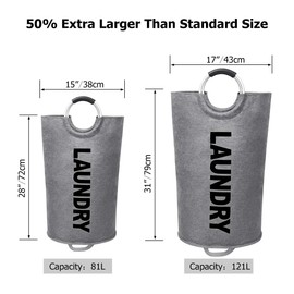 115L Extra Large Laundry Basket Collapsible Fabric Laundry Hamper Tall Dorm Laundry Bag with Handles Waterproof Portable Washing Bin Dirty Clothes Basket for College Essentials Storage (XL Grayï¼