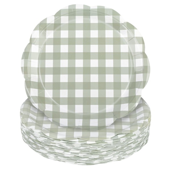 Houuqe 48Pcs Gingham Party Supplies Sage Green Scalloped Paper Plates