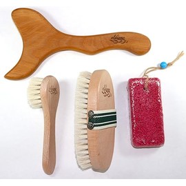 Cepillo seco de 4 piezas – Exfoliante para cuerpo, cara y pie, herramienta de maderoterapia de masaje de madera, presión meridiana para drenaje linfático, celulitis, piedra pómez anti-callo, gua sha