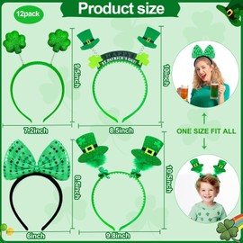 12 Pcs St. Patrick's Day Headbands Accessories 4 Styles Shamrock Headband for Women Men Kids Green Sequin Hair Hoop Irish Leprechauns Headwear Saint Patty's Day Parades Costume Party Favor Dressing-up
