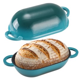NSIRONS Enameled Cast Iron Bread Oven, Loaf Cast Iron Bread Pan with Lid, Oval Dutch Oven for Homemade Bread Baking (Gradient Blue-green)