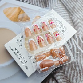 24Pcs Romantic Valentine's Day Press on Nails Medium Square Nails French Tip Fake Nails with Hearts Designs Nude Glue on Nails Valentines Heart False Nails Valentines Day Acrylic Nails for Women Girls