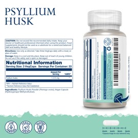 Psyllium Husk - 100 Vegan Capsules not Powder - Fibre Supplement - Natural Soluble Fiber from Plantago Ovata - High Strength Physillan Husk - Lab Verified - Solaray