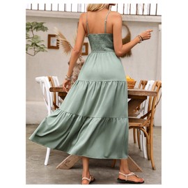 BEAUDRM Women's Boho Maxi Dress for Wedding Guest Vacation Ruffle Flowy Milkmaid Dress Summer Ruched Slit Sundress Green Small