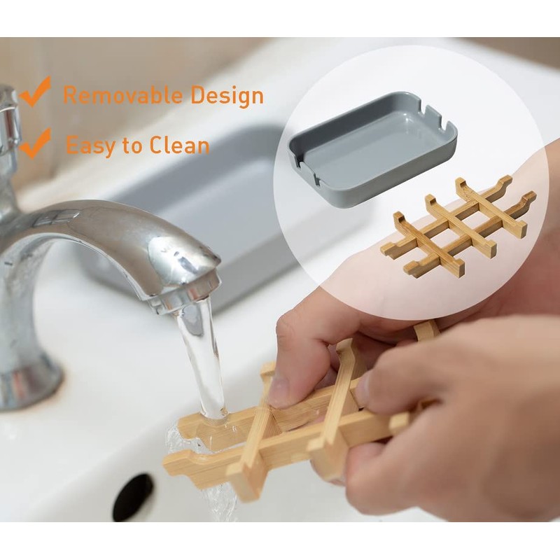 Sansnow Eco-Friendly Bamboo Soap Dishes, Removable Soap/Sponge Holder for Home,
