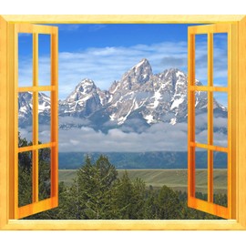 Painting Wallpaper Poster (Removable Self-stick) Window Window View Window Frame Alps Mountains Character Black WND – 002s2 (594 mm × 520 mm) For Architectural Wallpaper + Weather Resistant Paint