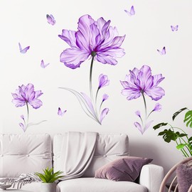 Purple Flower Butterfly Wall Stickers Removable Peel and Stick Murals Wall Decals for Living Room Bedroom Door Aisle Sofa TV Backdrop Wall Home Decor(Purple Flowers)