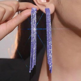 Long Dangle Earrings Rhinestone Earrings Silver Red Purple Orange Pink Black Earrings Sparkly Prom Dangling Chandelier Earrings Tassel Lightweight Ear Studs Crystal Statement Earrings