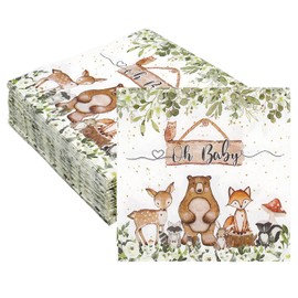 yuuzue 100 Pcs Woodland Baby Shower Napkins, Forest Animal Decorative Paper Napkins Oh Baby Disposable Napkins Luncheon Dinner Napkins Woodland Baby Shower Decorations for Boys Girls Kids, 6.5" x 6.5"