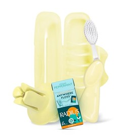 RADIUS Vacation Pastel Bundle, Includes Left Handed Big Brush, Toothbrush Travel Case, DOC Toothbrush Holder, Anywhere Travel Floss Packette, Lemon Meringue Yellow, 4 Piece Bundle