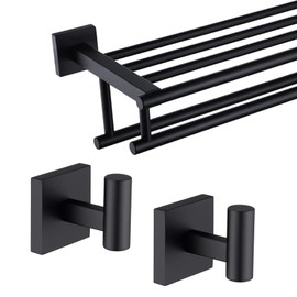 KOKOSIRI 32 Inch Bath Towel Rack with Double Towel Bars Bathroom Towel Shelf Robe Hook Towel Coat Hooks 2 Pack Matte Black B6005BK-L32+B1013BK-P2
