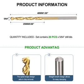 METALLIXITY 2mm Drill Bit (5/64") 20Pcs, 4241 High-Speed Steel Straight Shank Titanium Nitride (TiN) Coated 118° for Wood Plastic Iron Copper Aluminum Low Soft Metal