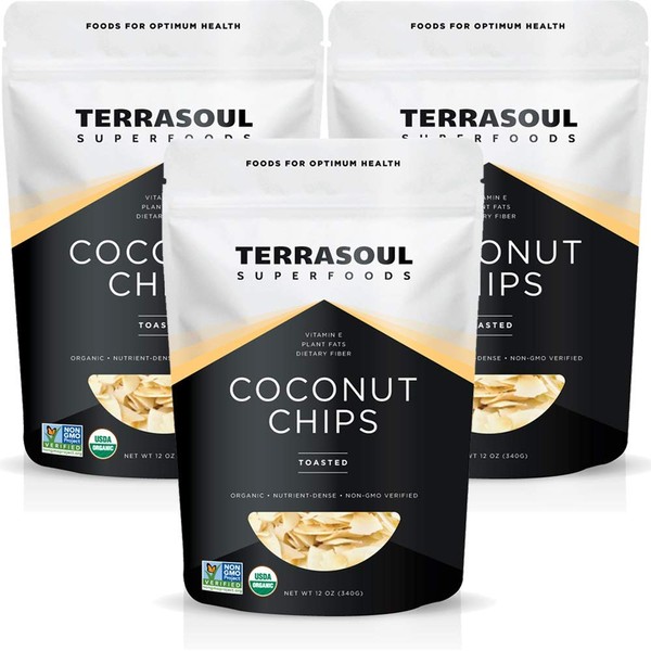 Terrasoul Superfoods Organic Toasted Coconut Chips, Pack of 3 (2.25 Lbs) - Unsweetened | Unsalted | Perfectly Toasted Coconut