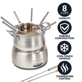 Nostalgia 8-Cup Electric Fondue Pot Set for Cheese & Chocolate - 8 Color-Coded Forks, Adjustable Temperature Control - Stylish Serving for Hors d'Oeuvres, Entrees, and Desserts - Stainless Steel