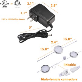 Lvyinyin Round LED Puck Lights of Dia 2.4", Glass Display Cabinet Light Strip, Wireless RF Remote Control Dimmable, 110V Plugged in, Daisy Chain Linkable, White Cords, Warm White 2700K, 4 Lights