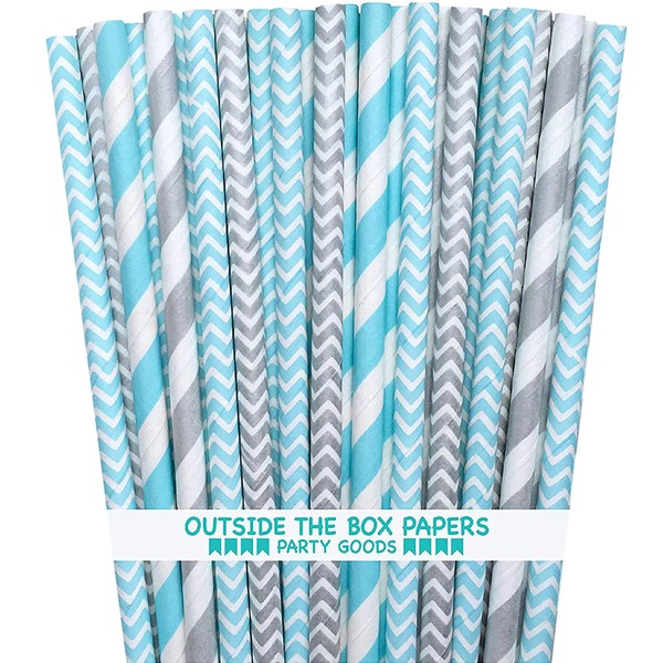 Outside the Box Papers Light Blue and Silver Stripe and Chevron Paper Straws 7.75 Inches 100 Pack Light Blue, Silver, White