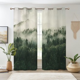 Renaiss Foggy Forest Blackout Curtains, Misty Mountain Mystric Forest Thermal Insulated Curtains for Bedroom Natural Grommet Window Drapes for Kitchen 29W x 55L inches 2 Panels Set