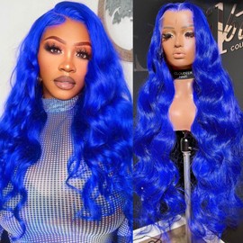 Cloudeer 26 Inch Blue Lace Front Wig Human Hair 13x4 HD Lace Front Wigs Human Hair Pre Plucked Body Wave Human Hair Wig 200 Density Blue Human Hair Lace Front Wigs Colored Glueless Wigs Human Hair