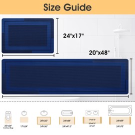 Ultra Thin Bath Mats Fit Under Door 2 piece, Upgrade Backing Non Slip Bath Mat, Quick Dry absorbent Bath Mat, Machine Washable Bathroom Rugs for Bathroom, Bathtub, Kitchen, Dark Blue, 24"x17"+48"x20"