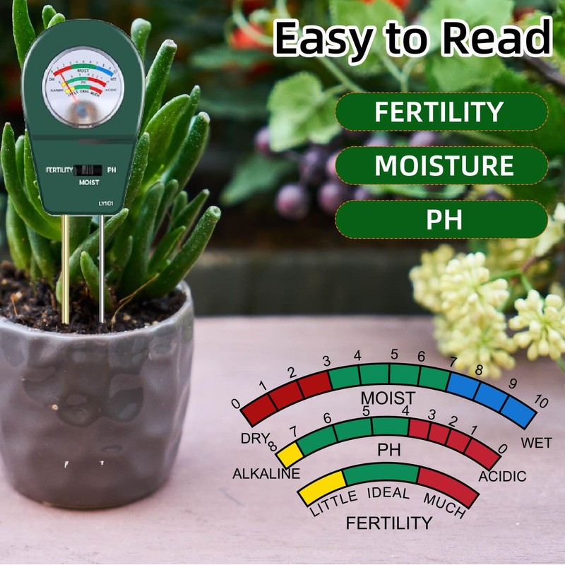 3-in-1 Soil Moisture Meter pH & Fertility Tester, No Battery