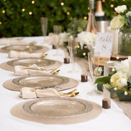 MATANA 40 Premium Clear Hard Plastic Dinner Plates with Hammered Gold Rim, 26cm / 10 Inch - Elegant & Reusable Party Plates for Weddings, Birthdays, Picnic, BBQ, Parties