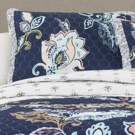 Lush Decor Aster Quilt Flower Pattern Reversible 3 Piece Lightweight Bedding Set, Navy, King