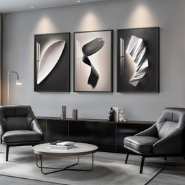 Framed Large Modern Black and White for Living Room Abstract Wall Art, Bright Style 3 Piece Wall Decor, Artwork for Walls, Canvas Paintings Pictures for Hallway, Dining, Office 24x36 Inch