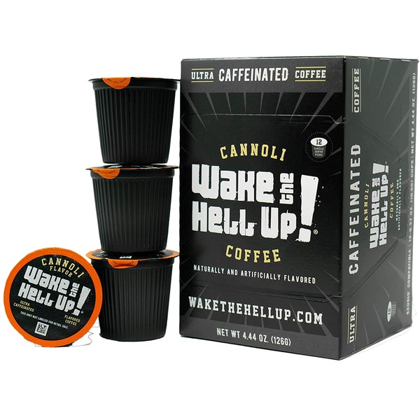 Wake The Hell Up! Cannoli Flavored Single Serve Capsules Ultra-Caffeinated Coffee For K-Cup Compatible Brewers | 12 Count, 2.0 Compatible Pods | Perfect Balance of High Caffeine & Great Flavor