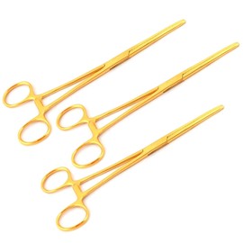 MuskalMed Set of 3 8" Long Gold Color Straight Hemostat Forceps - Stainless Steel Locking Tweezer Clamps - Ideal Hemostats for Nurses, Fishing Forceps, Crafts and Hobby,